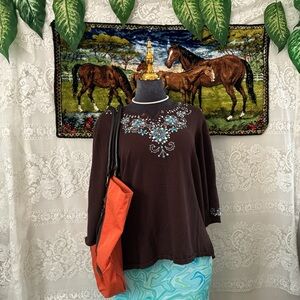 Quacker Factory Brown Blouse with Blue Embroidery